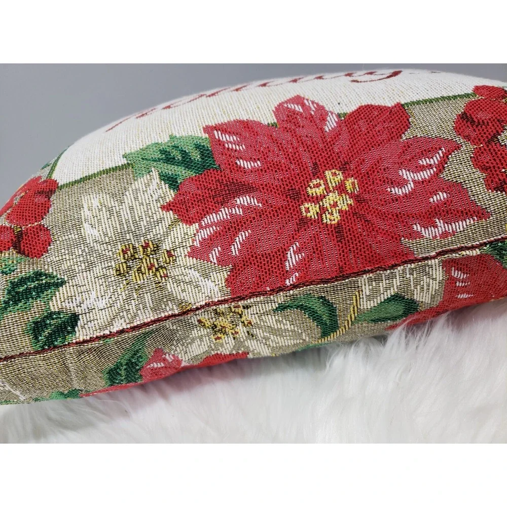 NEW Vintage Christmas Tapestry Rug Throw Pillow Poinsettia‎ Floral Grandma retro